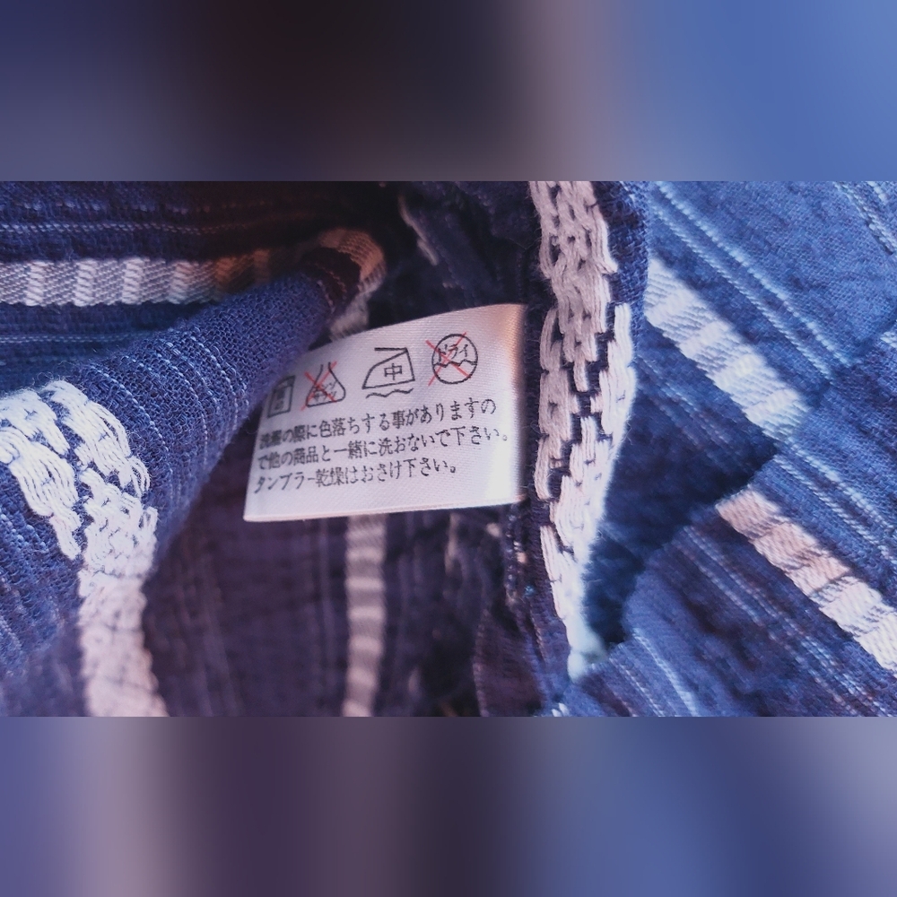 Japanese Kimono Cotton Cardigan Jacket Kimono Japan Textured Size LL Blue Stripe - Picture 13 of 16